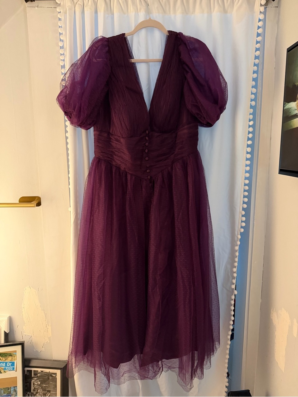 Plum Puff-Sleeve Tulle Midi Dress
